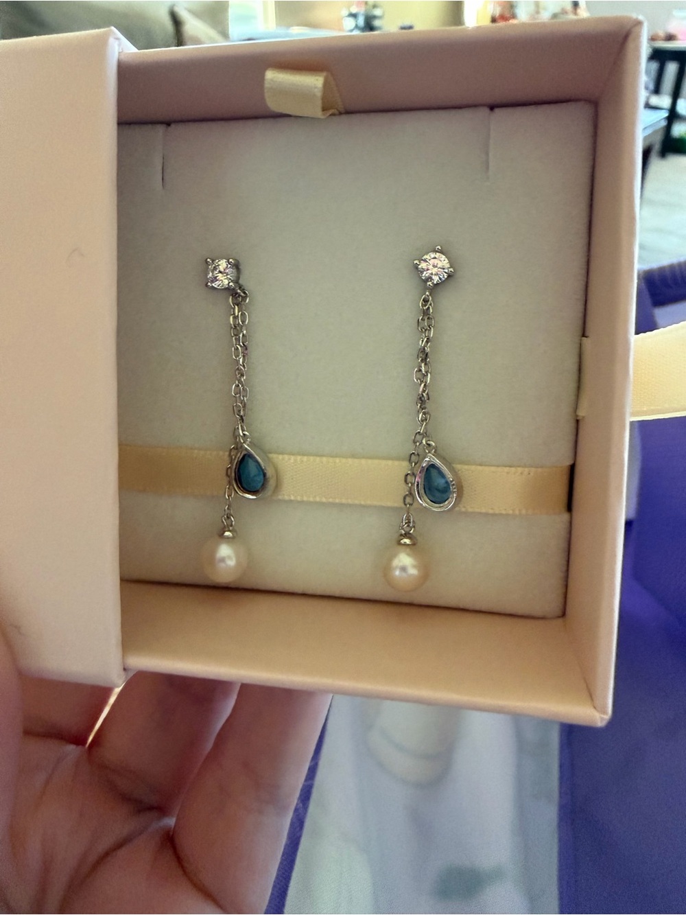Sterling Silver Pearl Drop Earrings with Blue Teardrop Stones - Picture 2 of 2
